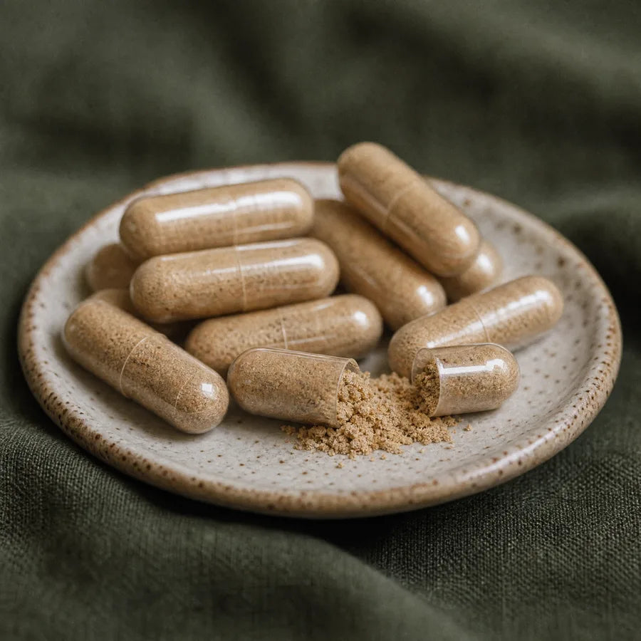 Soultrum clear capsules filled with tan herbal powder in a stoneware dish