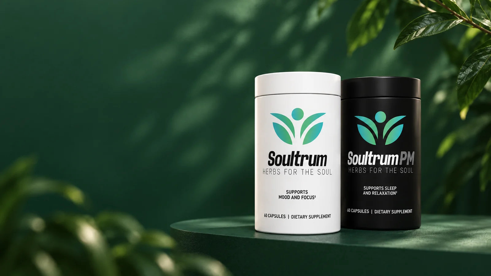 Soultrum Daily Mood and PM bottles in a green botanical setting