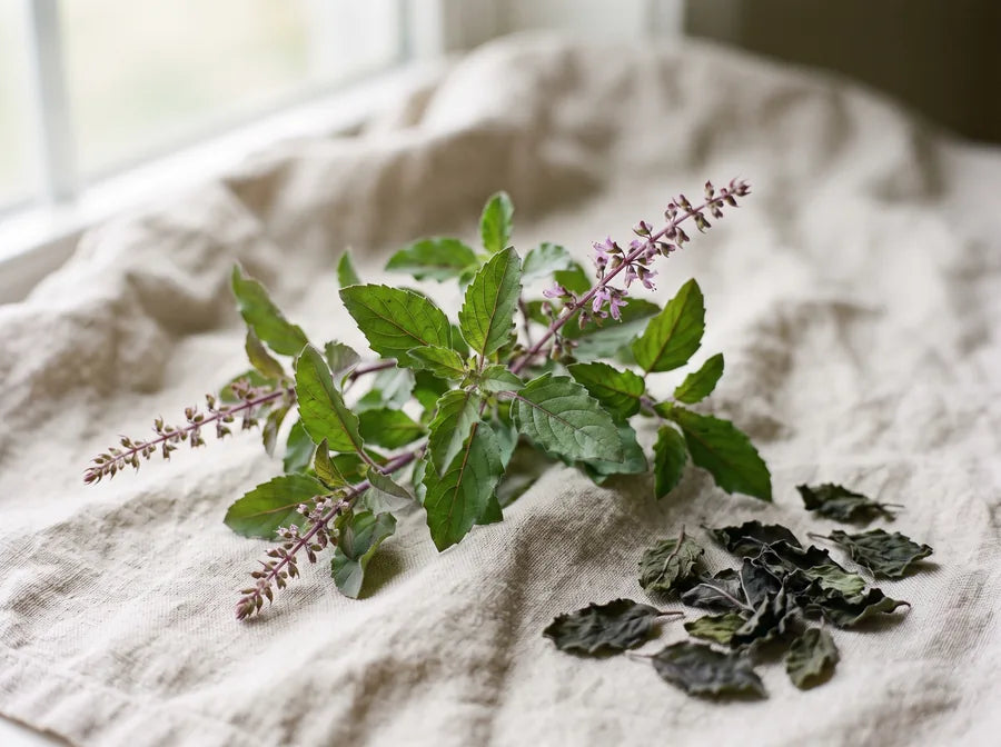 A fresh sprig of holy basil with purple flower spikes beside dried tulsi leaves on linen