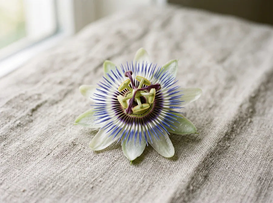 A single fresh passion flower bloom with purple and white filaments