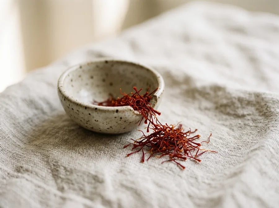 Deep red saffron threads spilling from a small ceramic dish