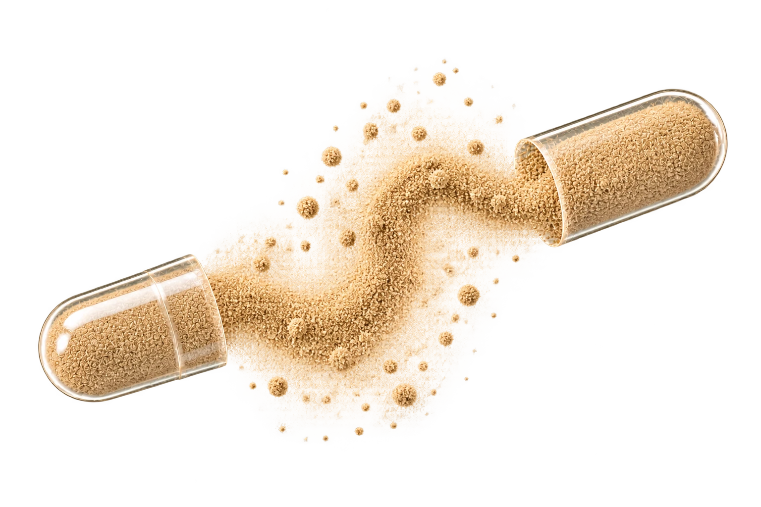 An artistic close-up of a clear capsule opening around a flowing swirl of fine botanical powder