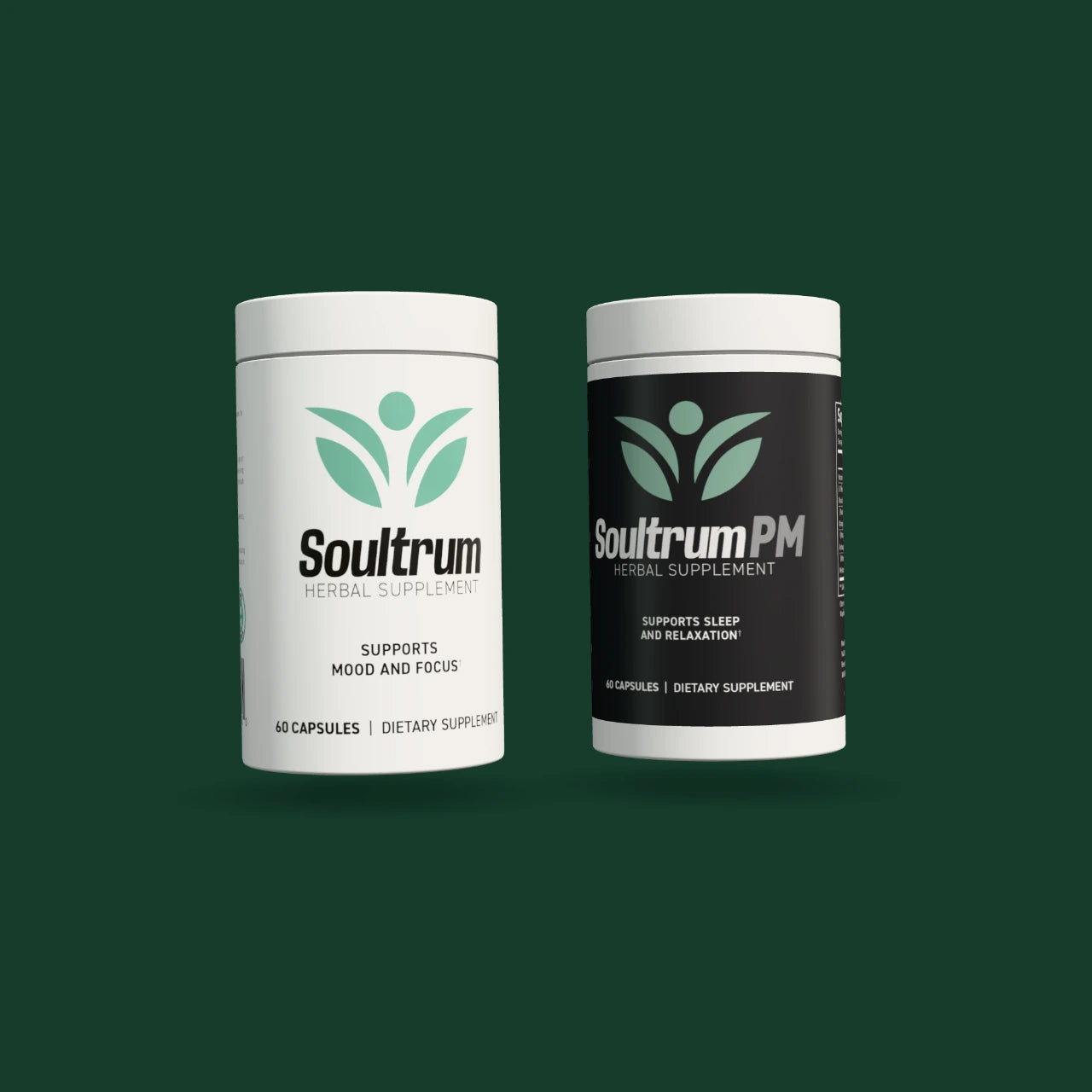 Soultrum Daily Mood Enhancer and Soultrum PM bottles with white caps and bases against green