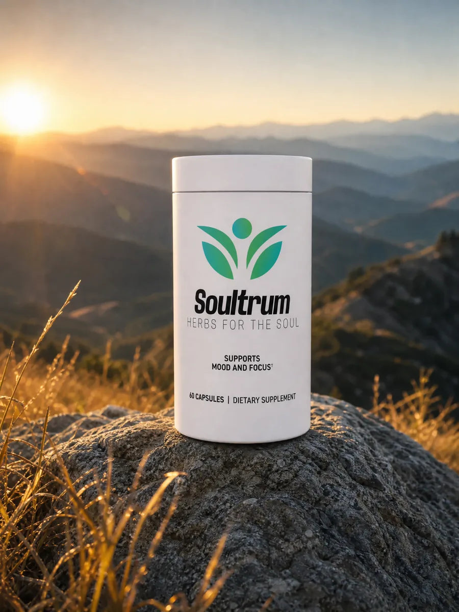 Soultrum bottle on a granite boulder above hazy California mountains at golden hour
