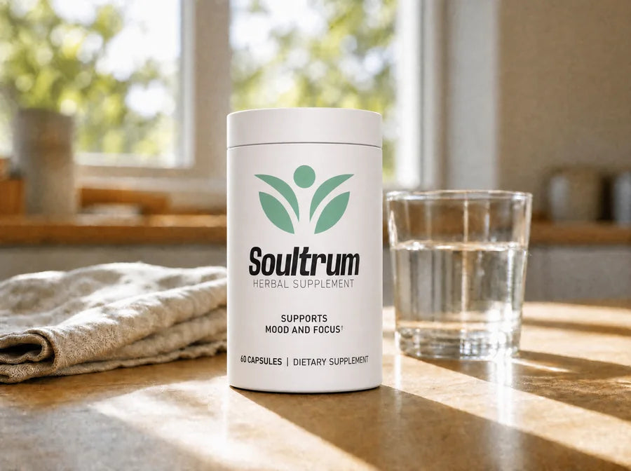 A white Soultrum herbal supplement canister on a sunlit oak kitchen counter beside a glass of water and a folded linen towel, with morning light coming through the window behind