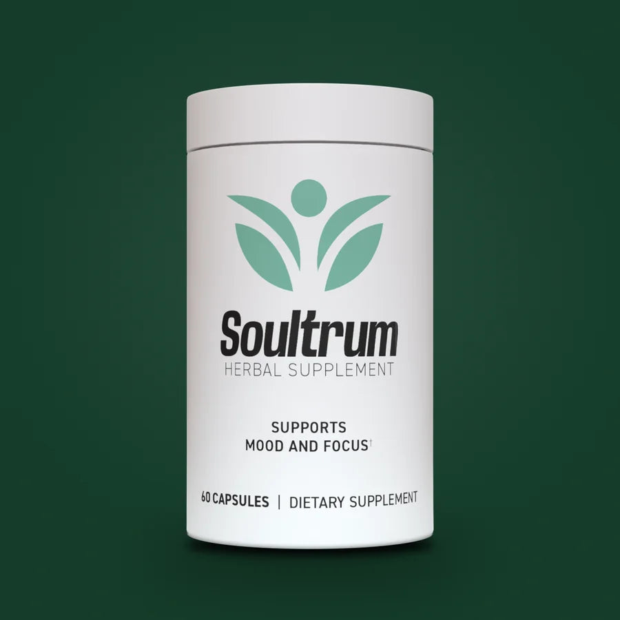 The white Soultrum Daily Mood Enhancer bottle on a deep green background