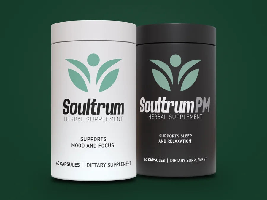 Soultrum Duo, the white Daily Mood Enhancer bottle and the black Soultrum PM bottle side by side