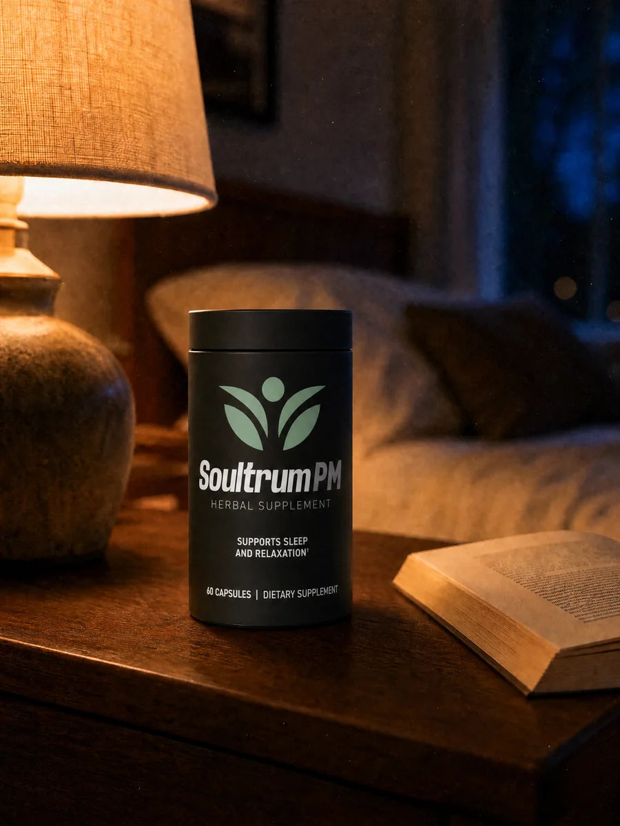 Soultrum PM bottle on a walnut nightstand under warm lamp light beside an open book