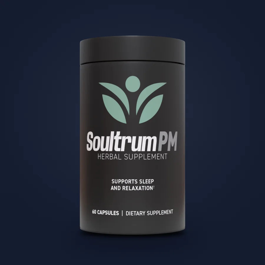 The black Soultrum PM bottle on a deep navy background