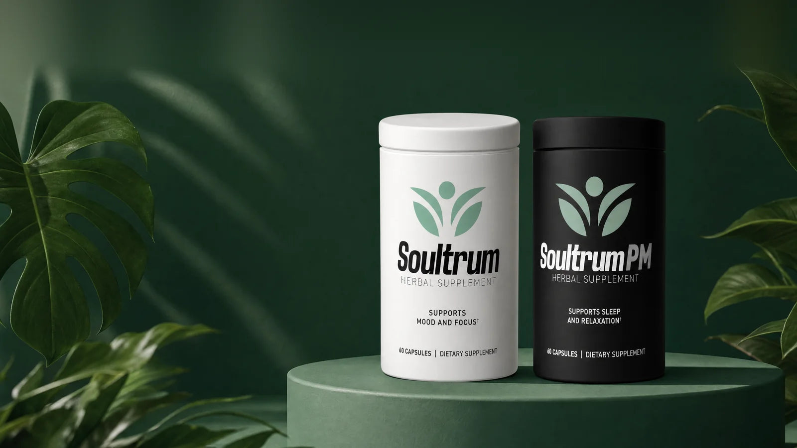 Soultrum Daily Mood Enhancer and Soultrum PM bottles in a green botanical setting